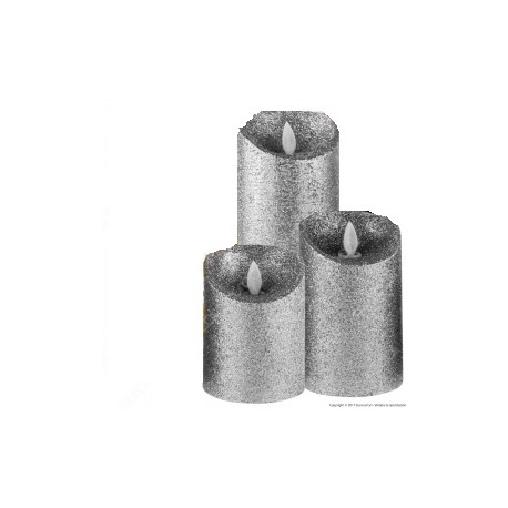 MOVINFLAME 3 CANDELE LED IN VERA CERA GLITTER ARGENTO CON TELECOMANDO - 7,5CM / 12,5CM / 18CM
