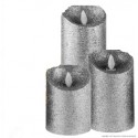 MOVINFLAME 3 CANDELE LED IN VERA CERA GLITTER ARGENTO CON TELECOMANDO - 7,5CM / 12,5CM / 18CM