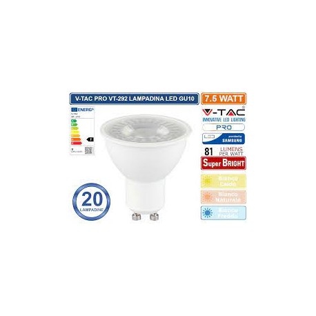 V-TAC VT-292 LAMPADINA LED GU10 7.5W FARETTO SPOTLIGHT SMD CHIP SAMSUNG - SKU 21872 / 21873 / 21874