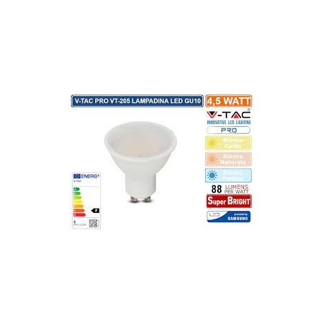 V-TAC VT-205 LAMPADINA LED GU10 4.5W FARETTO SPOTLIGHT SMD CHIP SAMSUNG - SKU 21201 / 21202 / 21203